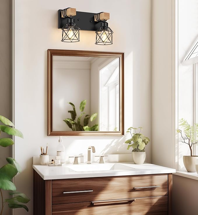 FadimiKoo 2-Light Farmhouse Bathroom Vanity Light Fixtures, Wood Bathroom Lighting Over Mirror, Black Rustic Sconces Wall Lighting with Metal Lampshade for Living Room, Bedroom, Hallway