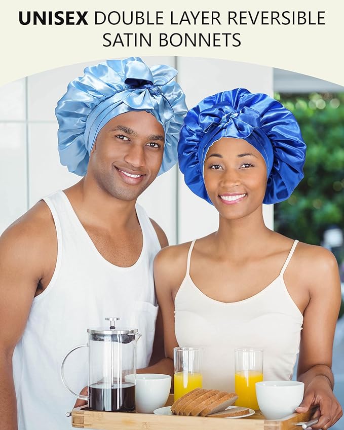 AWAYTR Satin Bonnet Silk Hair Wrap Sleeping Cap for Women with Curly Hair, Reversible Double Layer Sleep Cap with Tie Band (Blue) 7 7/8-8