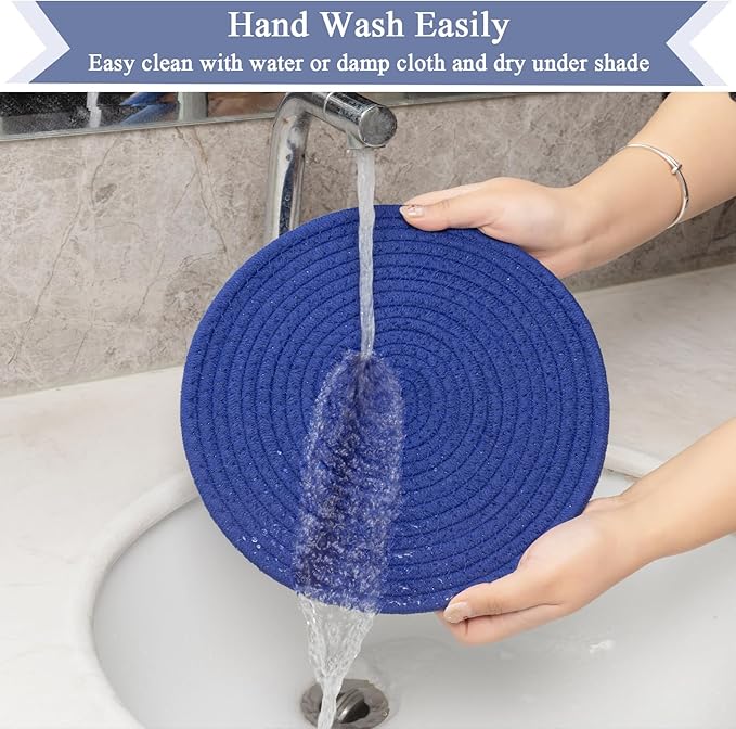 SHACOS 10 Inches Trivets for Hot Dishes, 4 Pieces Cotton Trivets Mats for Kitchen, Hot Pads for Countertops and Table, Heat-Resistant Pot Holders for Hot Pots and Pans(Deep Blue, 4pcs)