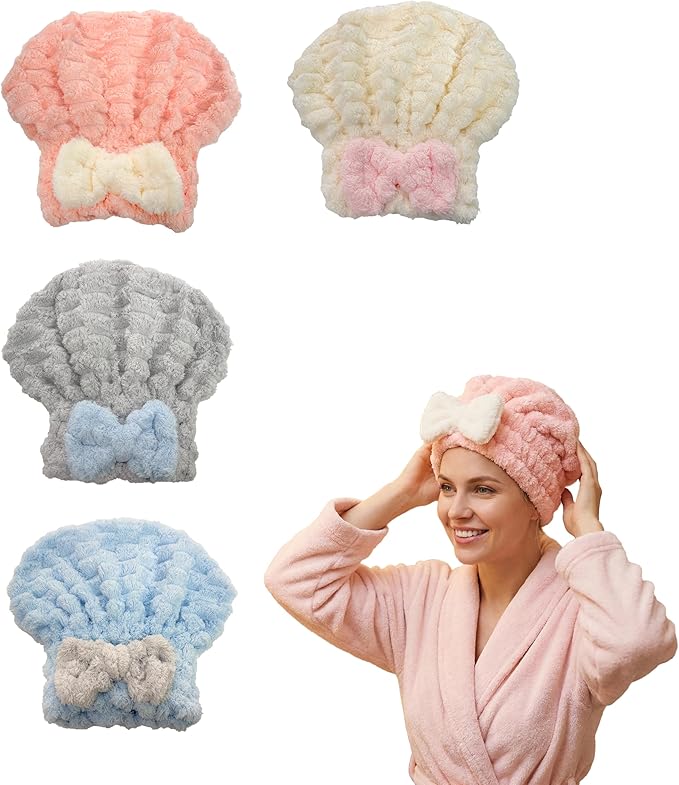 Microfiber Hair Towel 4-Pack, Fast Drying Hair Turban with Bow for Women - Soft Absorbent Hair Wraps, Shower Cap, Gray Pink Blue White