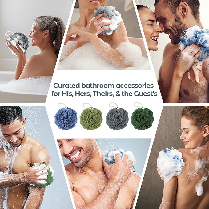Shower Loofah Bath Sponge, 60G Loofah Exfoliating Body Scrubber, 4 Color Mesh Shower Pouf Balls for Body Wash (Blue Gray Green Dark Green)