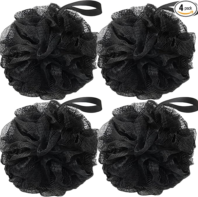 Loofah Sponges for Shower,Exfoliating Cleaning Bath Loofa Body Scrubber Balls for Women Men Washing,All Black 4 Pack