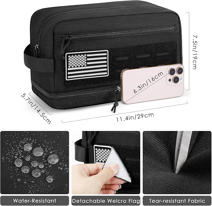 ETRONIK Tactical Toiletry Bag for Men, Travel Hygiene Bag with Double-layer, Hanging Toiletry Bag Water-Resistant Shaving Dopp Kit with EDC Molle Pouches, Bathroom Shower Makeup Bag Women, Black, L