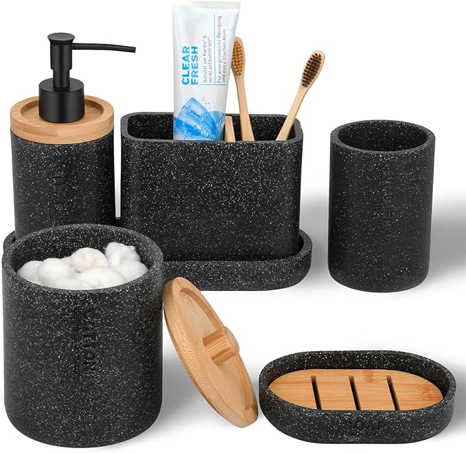 20PC Black Modern Bathroom Accessories Set with Shower Curtain, Toothbrush Holders, Soap Dispenser, Vanity Tray, Cotton Swab Jars, Bathroom Decor Organizer