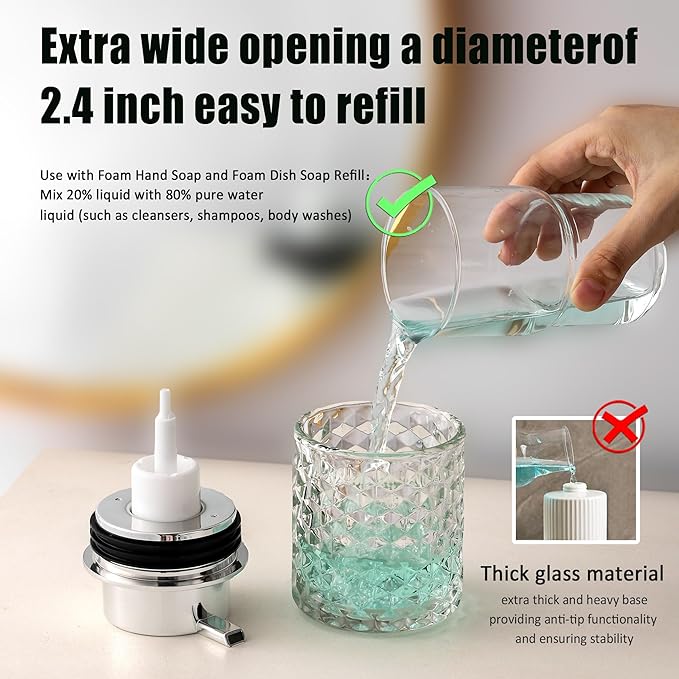 Malachi Foaming Hand Soap Dispenser, Refillable Clear Glass Pump Bottles for Liquid or Lotion, Modern Foam Dispenser for Bathroom, Kitchen, Commercial