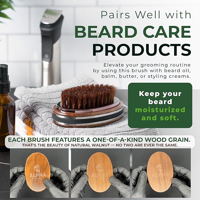 Premium Handmade 4.5" Boar Bristle Beard Brush for Men – Natural Walnut Wood & Non-Slip Rubber Grip – Men’s Grooming Brush for Short, Medium & Long Beards – Mustache & Beard Care Tool – Alpha Organics