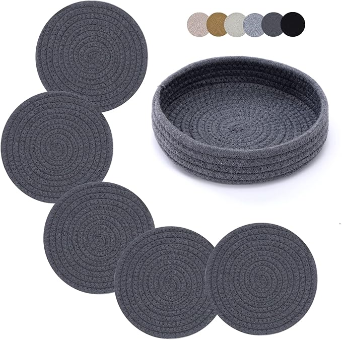 Coga Trivets for Dishes & Pans, 7 Inch Hot Pads (5 Pcs) with Storage Basket, Cotton Table Protectors, Heat Resistant (Grey)