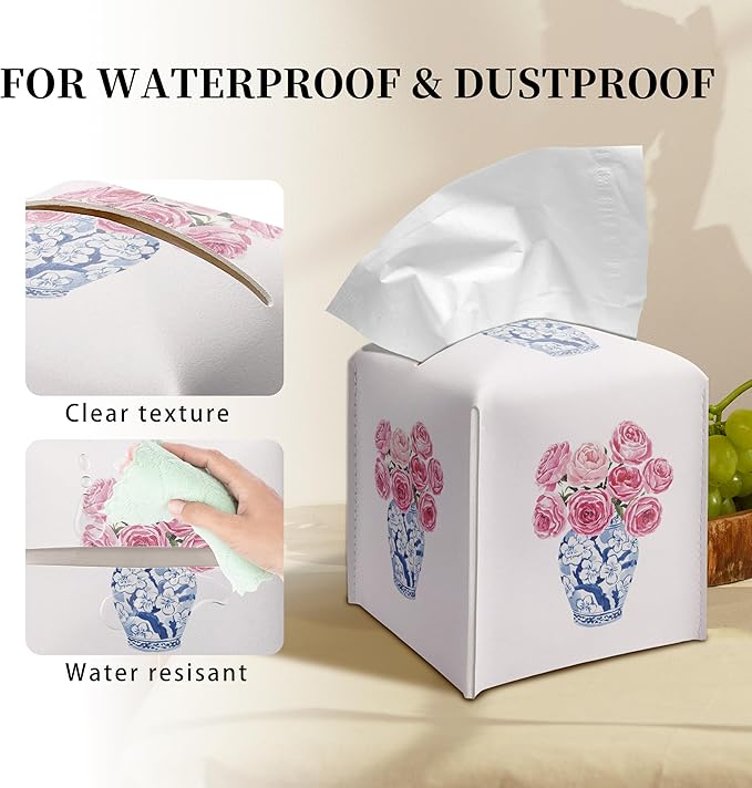 Grace Yonks Cute Tissue Box Cover Square - Blue Floral Vase & Pink Rose Design 5.2" PU Leather Holder for Vanity, Desk, or Bathroom Counter - Cube Case for Facial Tissues(002)