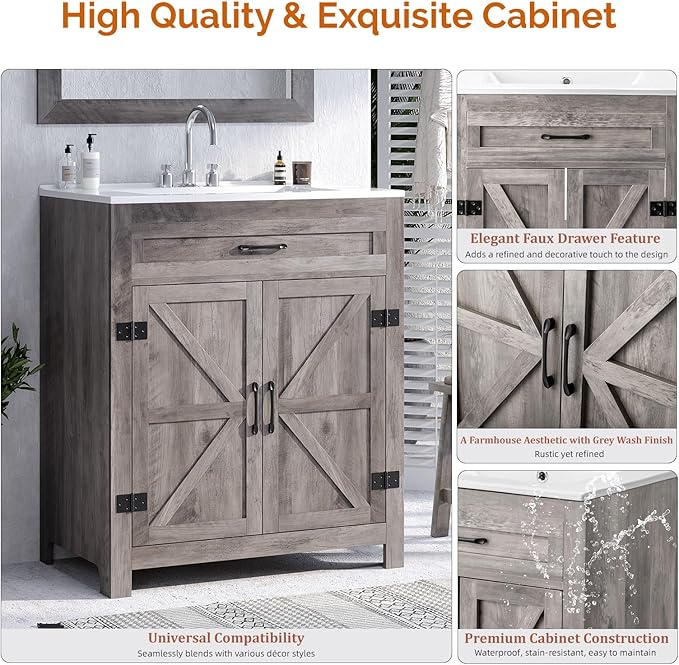 VINGLI 30" Farmhouse Bathroom Vanity with Sink, Undermount Vanity Sink Cabinet with Barn Door &Shelf,Free Standing Small Bathroom Storage Cabinet with 3 Holes Ceramic Basin Combo Set,Washed Gray