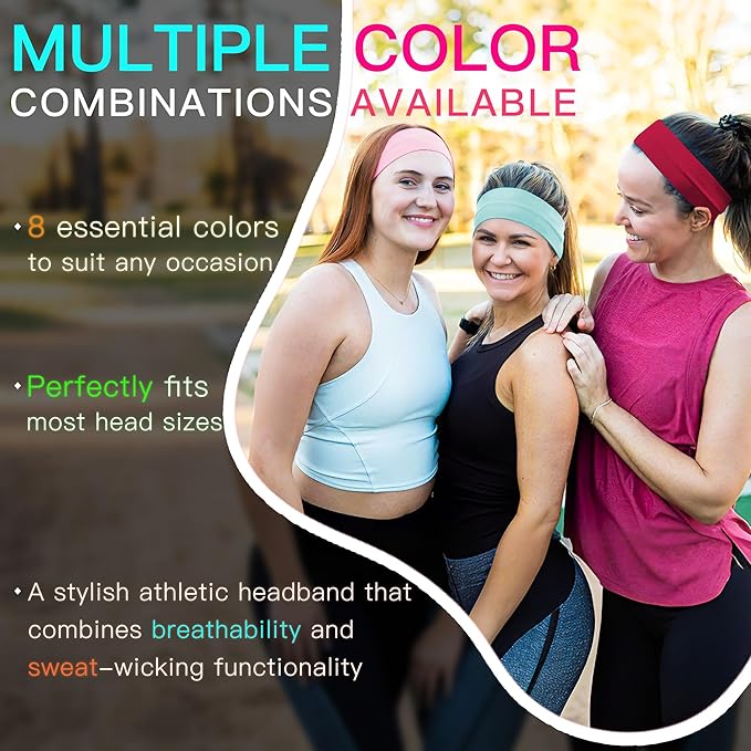 8 Pack Headbands for Women Non Slip - Stylish Sports Hair Bands for Women's Hair - Soft Cotton Cloth Stretchy Headbands for Women for Yoga, Outdoor Exercise Running