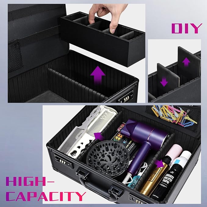 Barber Accessories Case, Profesional Barbers Briefcase Tool Case, Barber Cases for Clippers and Supplies, Hair Scissors Clippers Trimmer Organizer, Barbers Suitcase with Code Lock (Matte Black)