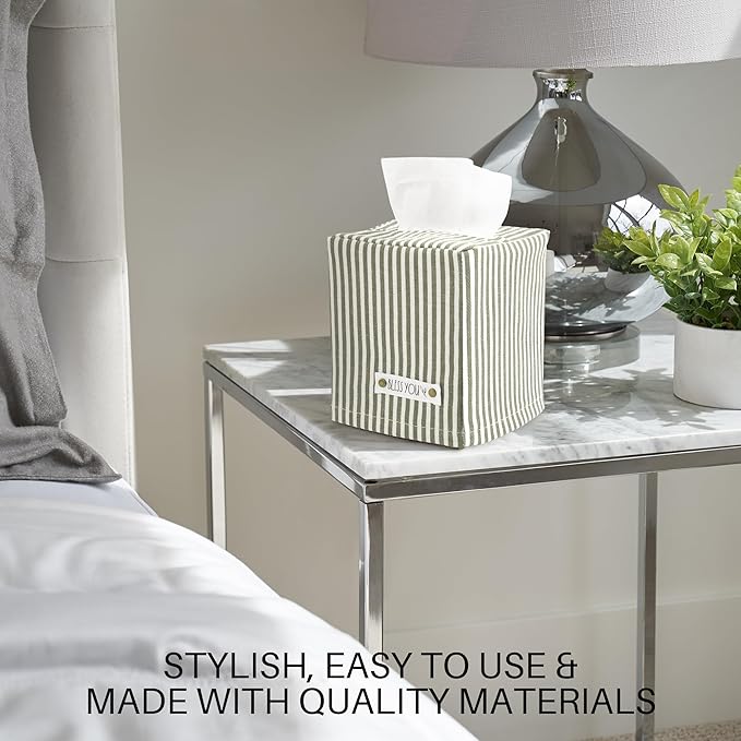 Stylish Tissue Box Cover - This Sage Striped Linen Holder Instantly Covers Your Square Tissue Boxes - The Perfect Cube Cover for Your Bathroom and Home