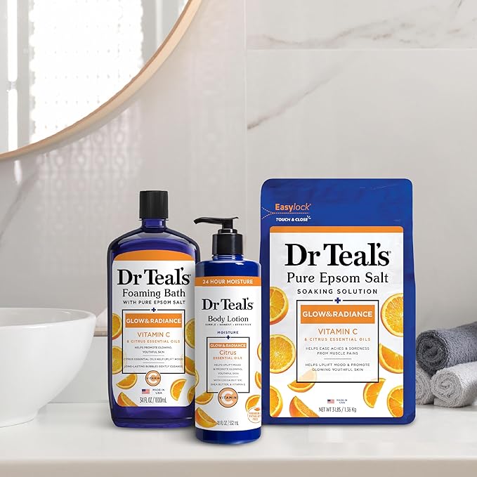 Dr Teal's Pure Epsom Salt Soak, Glow & Radiance with Vitamin C & Citrus Essential Oils, 3 lbs (Pack of 4)