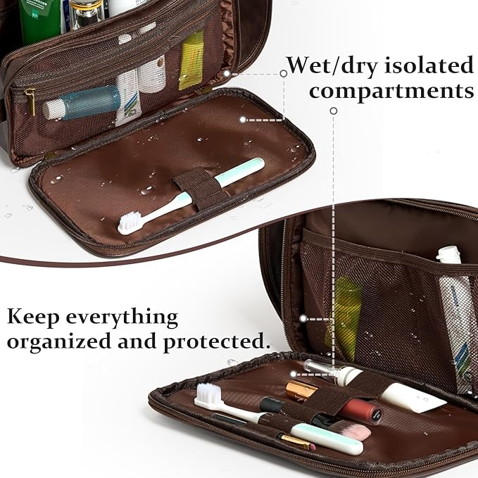 Janhavi Large Make Up Bag for Traveling, Gifts for Father's Day, Waterproof Laser Engraved Initials & Mountain, Men's Accessories Organizer, Groomsmen Gifts for Him, Travel Essentials (Dark Brown K)