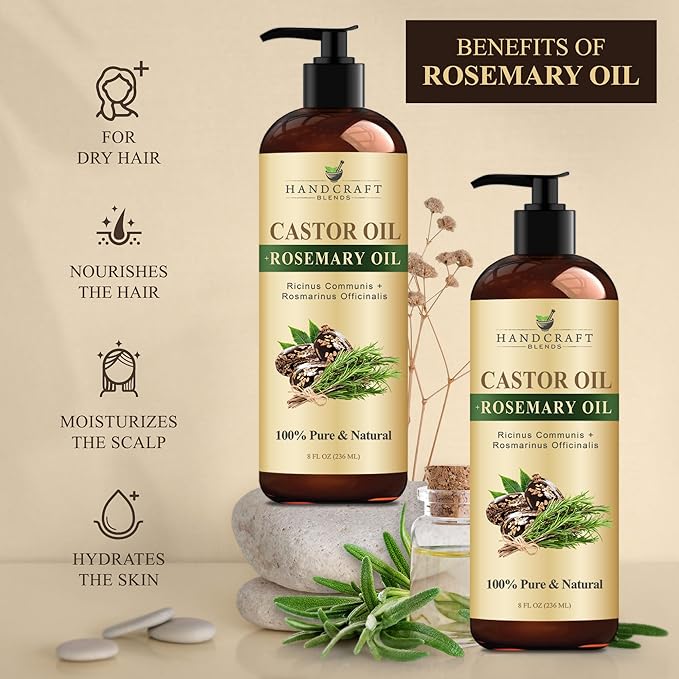 Handcraft Blends Castor Oil with Rosemary Oil 8 Fl Oz | 100% Pure and Natural | Premium Grade Carrier Oil | Hair, Eyelashes and Eyebrows | Hair and Body