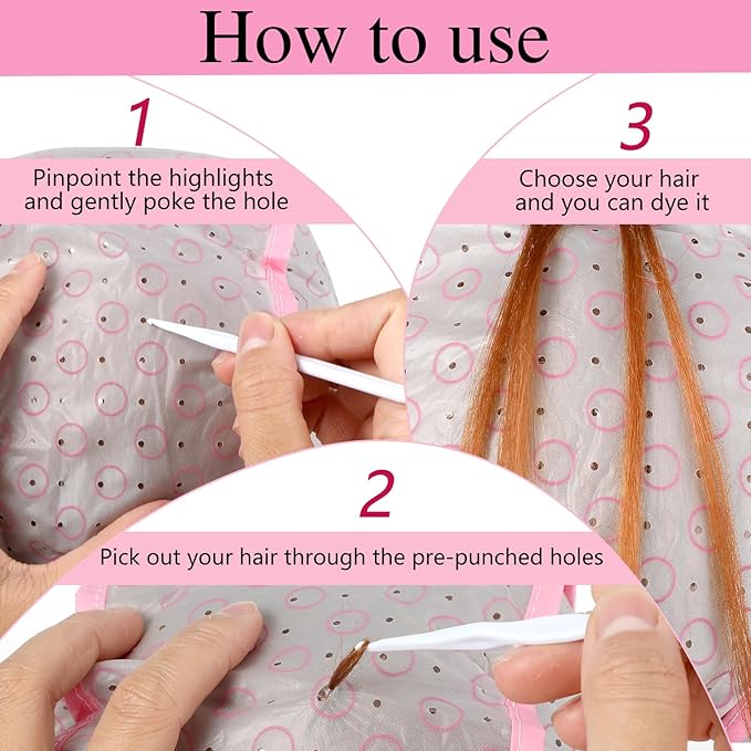 Bewudy 3 Pcs Hair Highlighting Caps, Salon Hair Coloring Dye Cap with Plastic Crochet Hook for Salon & DIY Dyeing