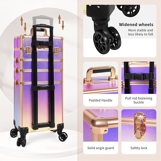 Profesional Rolling Makeup Train Case with Lid, 5 in 1 Cosmetology Case on Wheels, Large Cosmetic Trolley Organizer Travel for Hairstylist Artist Nail Beauty Salon Barber, Colorful