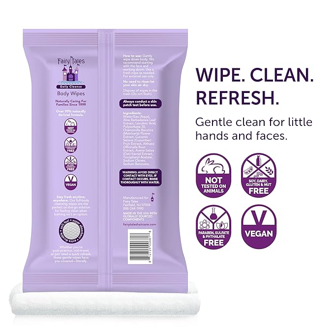 Fairy Tales Daily Cleanse XL Wipes for Kids – Extra Large Body Wipes, Gentle Disposable Washcloths, Unscented, Alcohol Free Cleansing Cloths – 3 pk (60ct total)