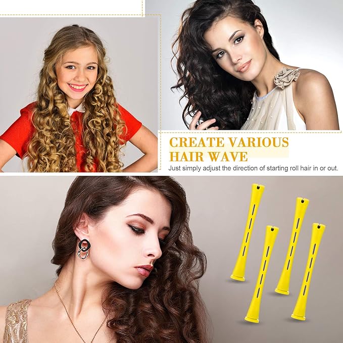 Chuangdi 24 Pcs Hair Perm Rods Plastic Cold Wave Perming Curlers Hair Rollers with Steel Pintail Comb Rat Tail Comb Tools for Hairdressing Styling(Yellow,0.28 Inches)