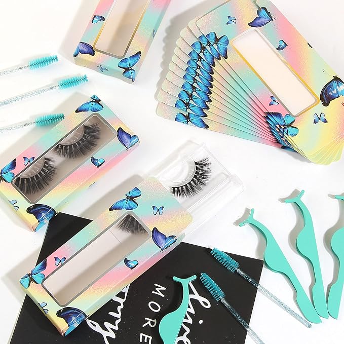 175 Pieces Lash Packaging Wholesale, Include 30 Empty Eyelashes Packaging Box, 30 False Lash Trays, 15 Eyelash Tweezers and 100 Eyelash Brush Mascara Wands Disposable (Green)