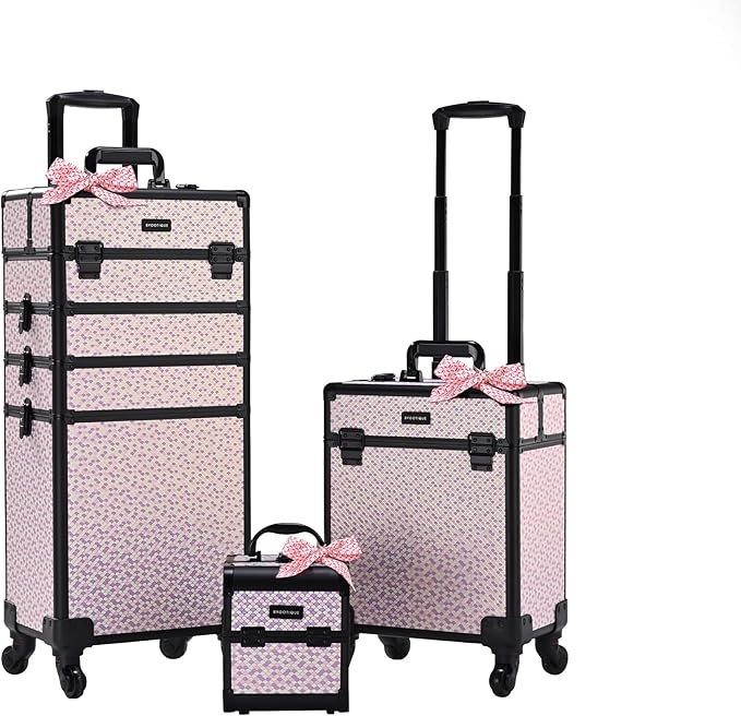 BYOOTIQUE Rolling Makeup Train Case on Wheels 3-Piece Hairdressing Brush Bags Cosmetology Art Deco Tyrian