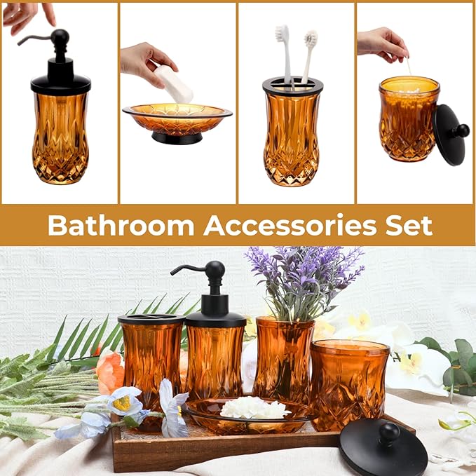 Bathroom Accessories Set,5 Pcs Amber Glass Bathroom Accessory Set, Complete Lotion Soap Dispenser, Toothbrush Holder, Soap Dish, Tumbler & Jar, Modern Bathroom Decor Sets Gift,Round