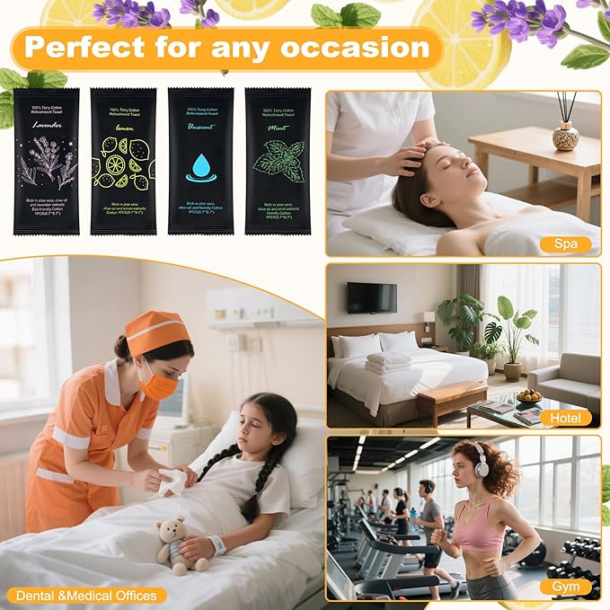 Moist Cotton Towel Bulk Moist Towelettes Individually Wrapped 8.7" x 8.7",White Towel Services,Refreshment Pre Moistened Towels Lavender,Lemon,Mint and Unscented for Sport Party Spa (pack of 200)