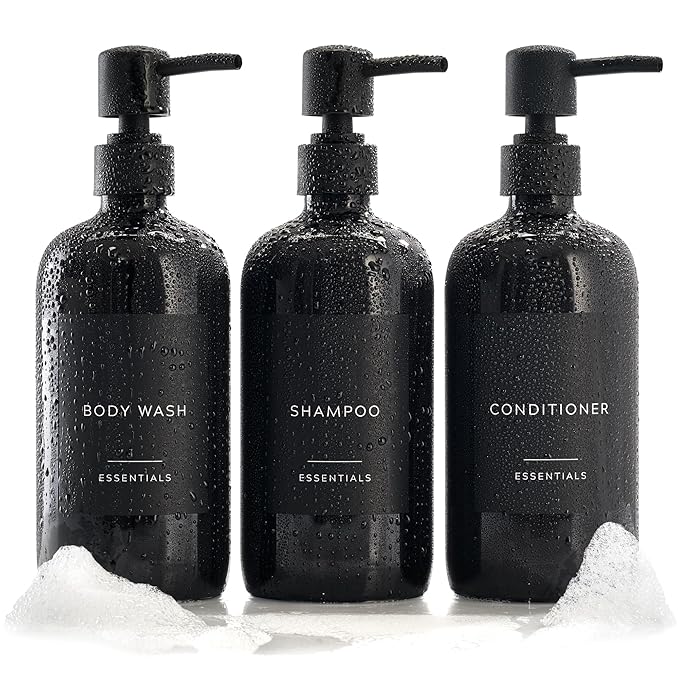 Stylish Shampoo and Conditioner Dispenser Set of 3 - Modern 21oz Shower Soap Bottles with Pump and Labels - Easy to Refill Body Wash Dispensers for an Instant Bathroom Decor Upgrade - Black