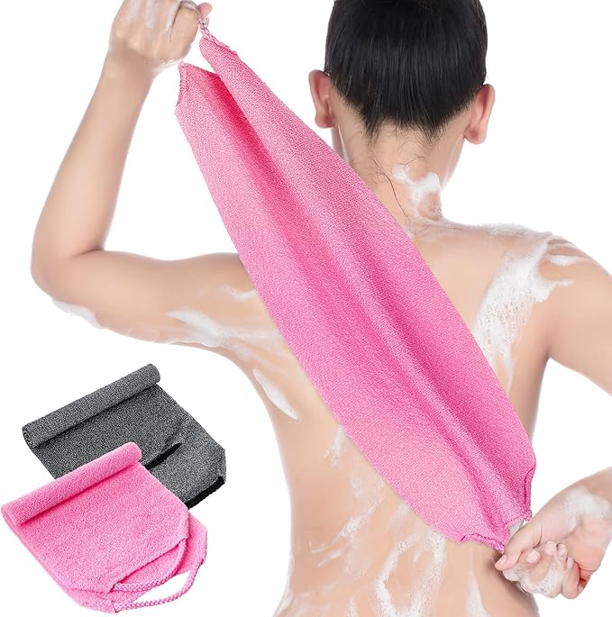 Back Scrubber for Shower Exfoliating Washcloth Back Cloth Body Extended Length Scrubber Towel Nylon Exfoliating Stretchable Pull Strap Wash Cloth for Bath Body Scrub Washcloth 2 Pack (Pink,Gray)