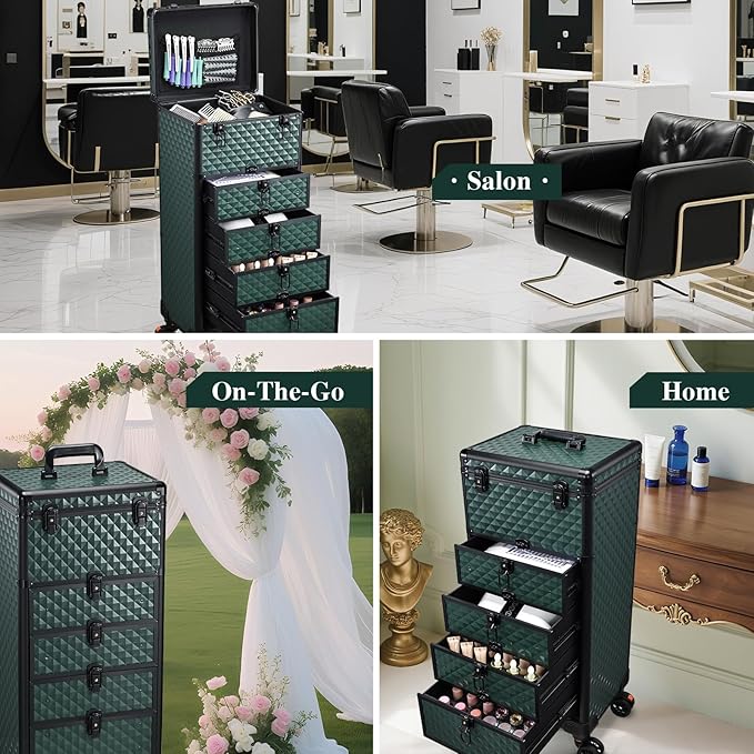 Nail Salon Cart with 4 Drawers,Rolling Makeup Train Case for Beauty,Cosmetology Case on Wheels Trolley Cart,Lockable Organizer Travel Case for Manicure/Face Painting/Hairstylist,DARK GREEN