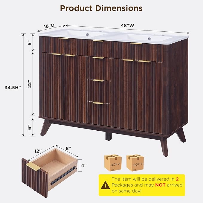 T4TREAM 48" Fluted Bathroom Vanity with Resin Sink Combo，Freestanding Modern Bathroom Storage Vanity Cabinet with Soft Closing Doors & 2 Drawers，Wood Grain Texture，Metal Handle，Dark Walnut
