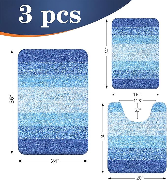 OLANLY Bathroom Rugs Sets 3 Piece, Soft Absorbent Microfiber Bath Mats and U-Shaped Contour Toilet Rug, Plush Shaggy Bath Mat Set for Bathroom (36"x24"+24"x16"+24"x20", Light Royal Blue)