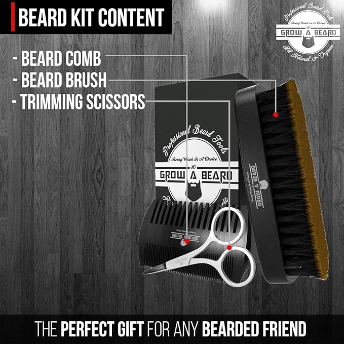 Beard Brush for Men with Beard & Mustache Comb Set, Beard Grooming & Care Kit, Natural Boar Bristle Brush, Dual Action Wood Comb, Stainless Steel Scissors, and Travel Bag, Great Fathers Day, Dad Gifts