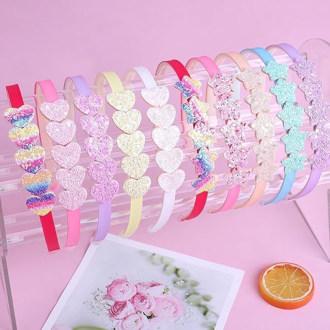 Fishdown Headband for Kids Girls, 10Pcs Rainbow Glitter Hairband for Toddler Heart Rainbow Star Non-slip Headbands with Teeth