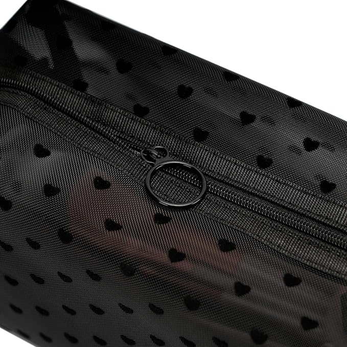 Portable Mesh Makeup Bag with Zipper Small Travel Toiletry Bag Lightweight Cosmetic Pouch (Black&Black Heart with Handle)