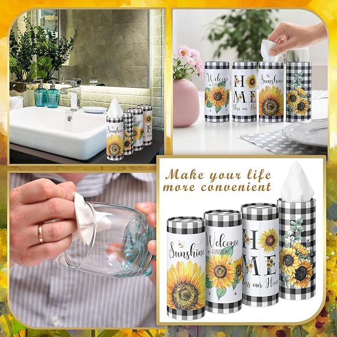 12 Pack Sunflower Tissue Boxes for Car Cylinder Bulk Black White Plaid Flower Round Cylinder Holder with 3 Ply Facial Tissues for Spring Summer Travel Bathroom Office Decoration
