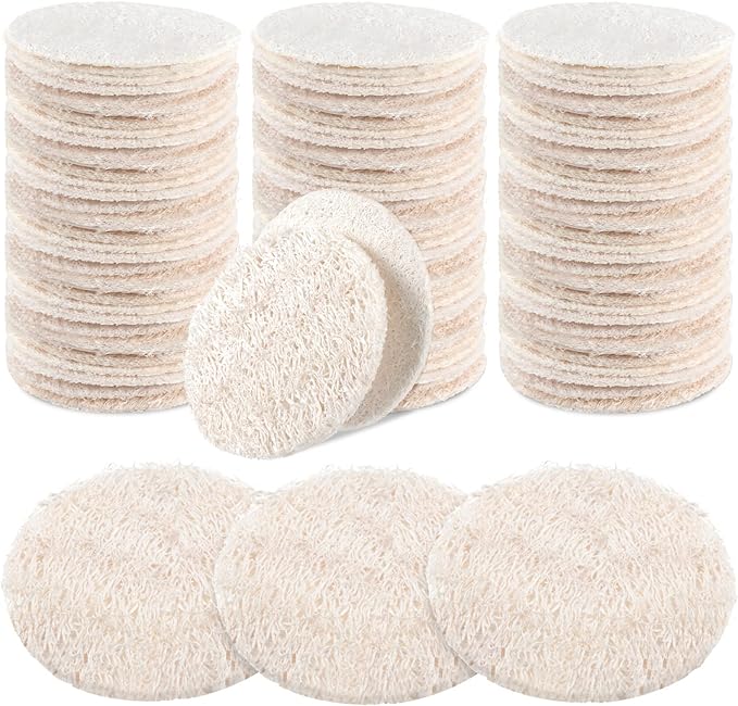 Bokon Loofah Exfoliating Face Pads 2.36 Inches Round Natural Loofah Sponge Body Face Scrubber Remove Dead Skin Facial Pad Bulk for Bath Shower Spa Skin Cleaning Women Men (100 Pcs,White)