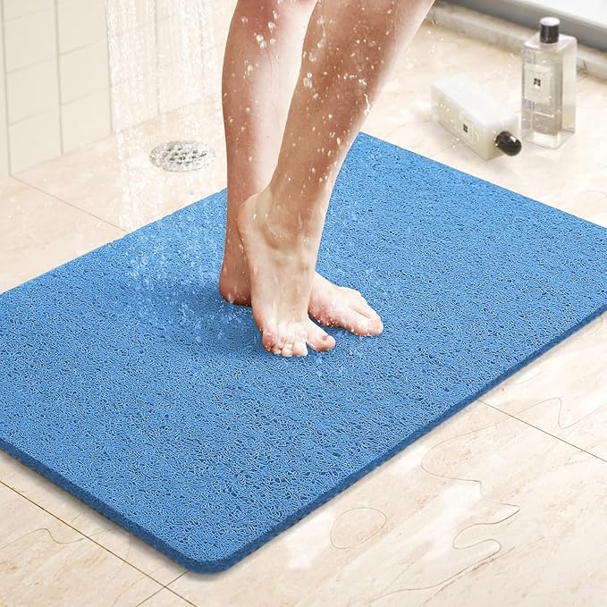 LuxStep Shower Mat Bathtub Mat,24x16 inch, Non-Slip Bath Mat with Drain, Quick Drying PVC Loofah Bathmat for Tub,Shower,Bathroom (Lake Blue)