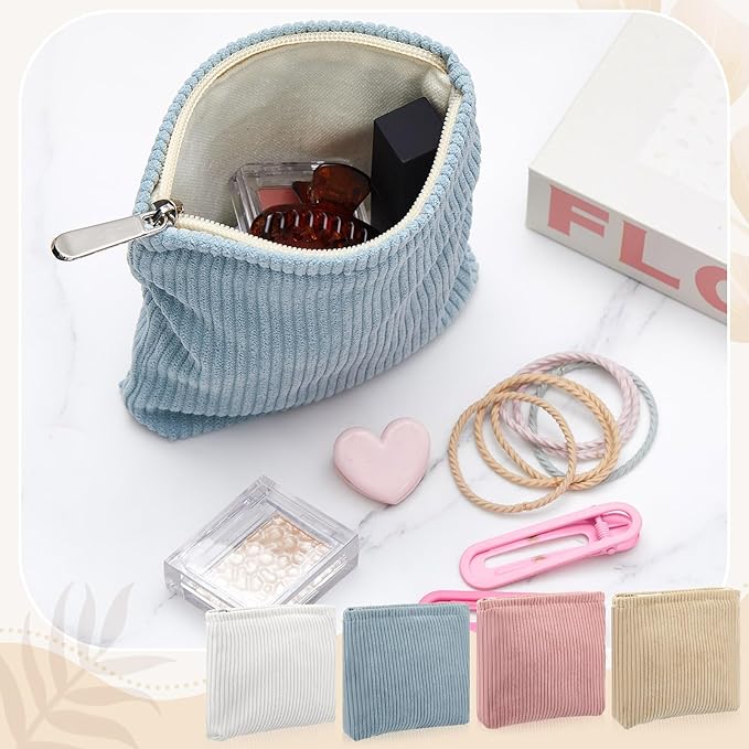 Abbylike 4 Pcs Small Makeup Bag Corduroy Cosmetic Pouch with Zipper Portable Little Bags for Purse Mini Pouch Cute Makeup Purse for Coin Essentials Items Women(Plain)