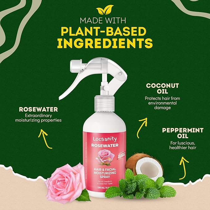 Locsanity Pure Rosewater Hair and Facial Spray – Regular Size Hydrating Face Mist to Soothe, Refresh, and Rejuvenate Skin, Reduce Oil and Buildup (8oz)