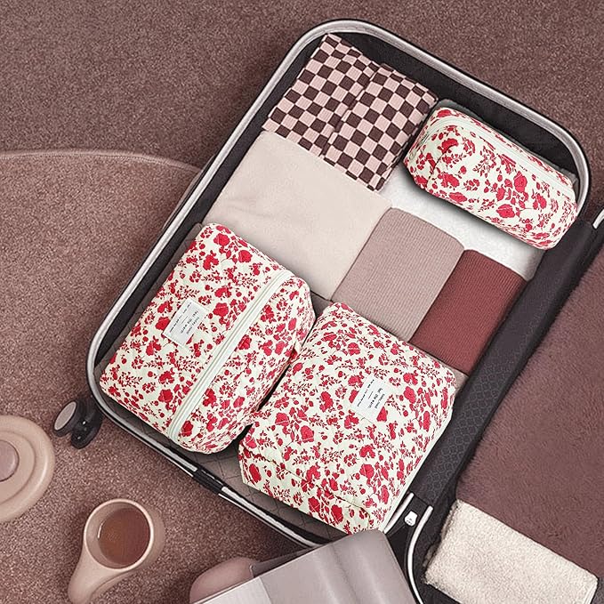 3Pcs Makeup Bag Cotton Quilted Travel Cosmetic Bag Cute Floral Makeup Pouch Large Toiletry Bag for Women Girls