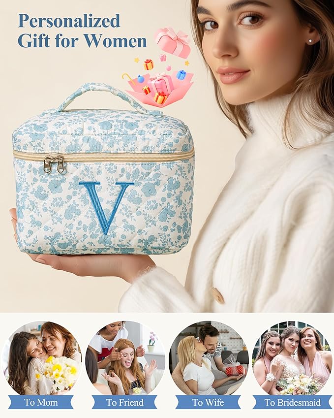 HBselect Initial Quilted Makeup Bag, Cotton Large Travel Makeup Bag, Cute Floral Coquette Make up Bag Cosmetic Bag Toiletry Bag for Women Girls V