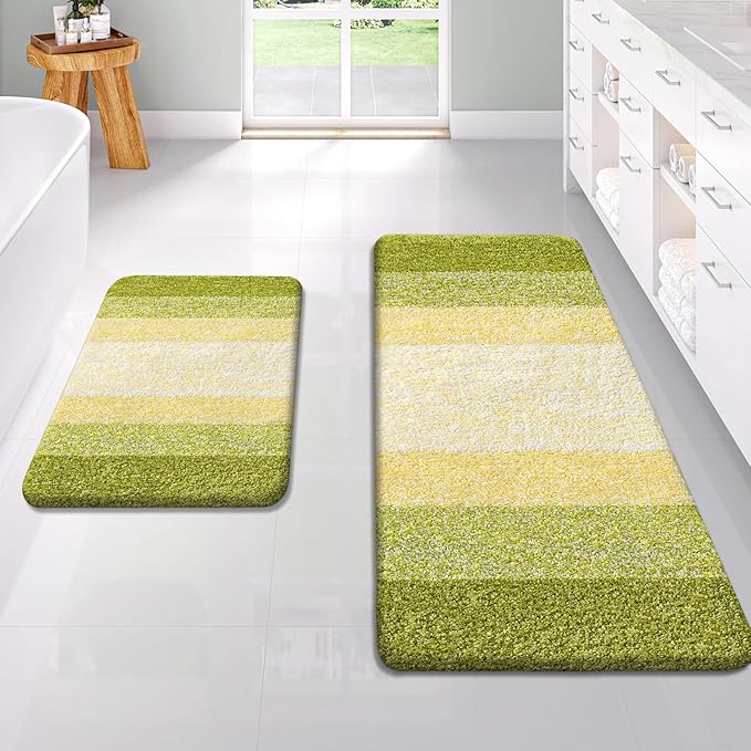 OLANLY Bathroom Rug Set 2 Piece, Soft Absorbent Microfiber Bath Rug Set, Non-Slip, Machine Wash Dry, Plush Shaggy Bath Mats for Bathroom (47"x20"+24"x16", Olive Green)