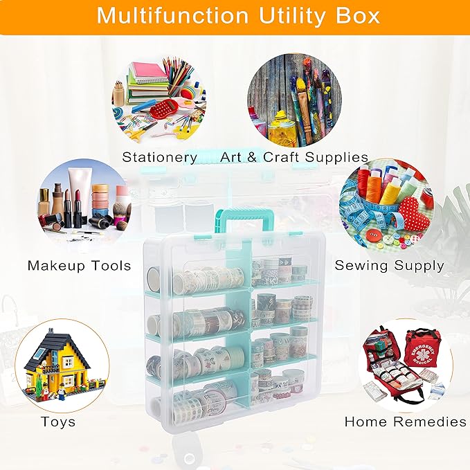 BTSKY Clear Plastic Dividing Storage Box with 8 Compartments Adjustable Storage Bin with Lid Portable Craft Storage Container Multipurpose Sewing Box Art Supply Organizer, 15.1x13.9x3.5 Inches