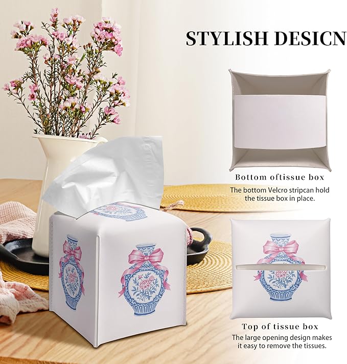 Grace Yonks Cute Tissue Box Cover Square - Blue Floral Vase & Pink Ribbon Design 5.2" PU Leather Holder for Vanity, Desk, or Bathroom Counter - Cube Case for Facial Tissues(005)