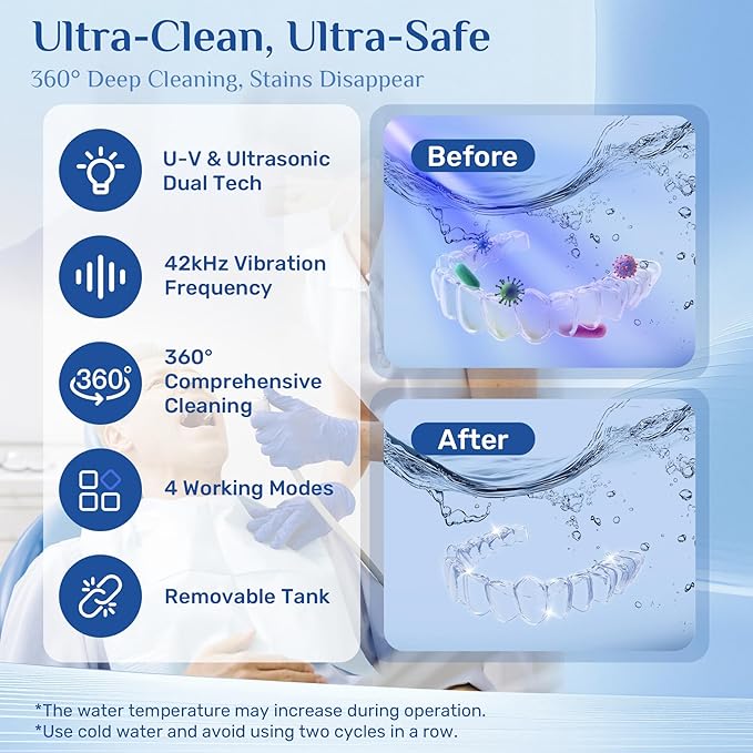 Portable Ultrasonic Retainer Cleaner, 42kHz High-Frequency, 4 Modes, IPX7 Waterproof Detachable Tank SUS304 Stainless Steel for Travel & Home Use, Fits Full Dentures