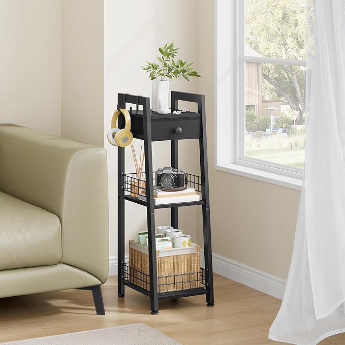3-Tier Narrow Ladder Shelf with Drawer, Bathroom Table Stand for Small Space, Narrow Bathroom Standing Shelves with Storage for Living Room Bedroom Kitchen, Black