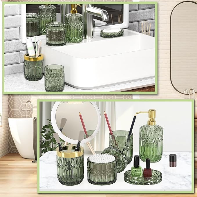 Green Glass Bathroom Accessories Set 5 Pcs, Green Bathroom Set, Soap Dispenser and Toothbrush Holder Set, Qtip Holder Set, Vintage Bathroom Sink Set, Cute Bathroom Decor