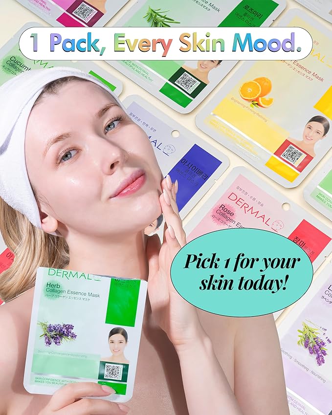 DERMAL 78 Combo Pack Collagen Essence Korean Face Mask - Hydrating & Soothing Facial Mask with Panthenol - Hypoallergenic Self Care Sheet Mask for All Skin Types - Natural Home Spa Treatment Masks