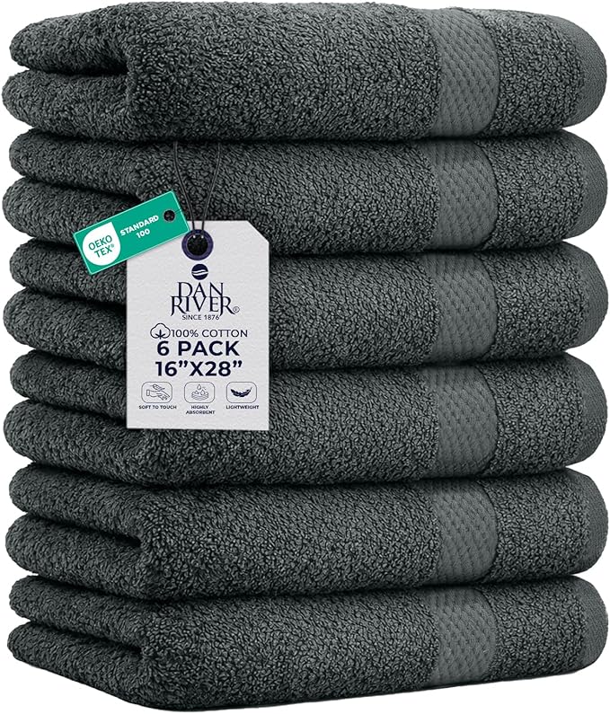 DAN RIVER 6-Pack Premium Hand Towels (16x28 Inches) - 100% Cotton, Ultra Soft, Lightweight, Highly Absorbent Towels for Bathroom, Spa, Gym, Salon, Hotel, and Travel – Gray